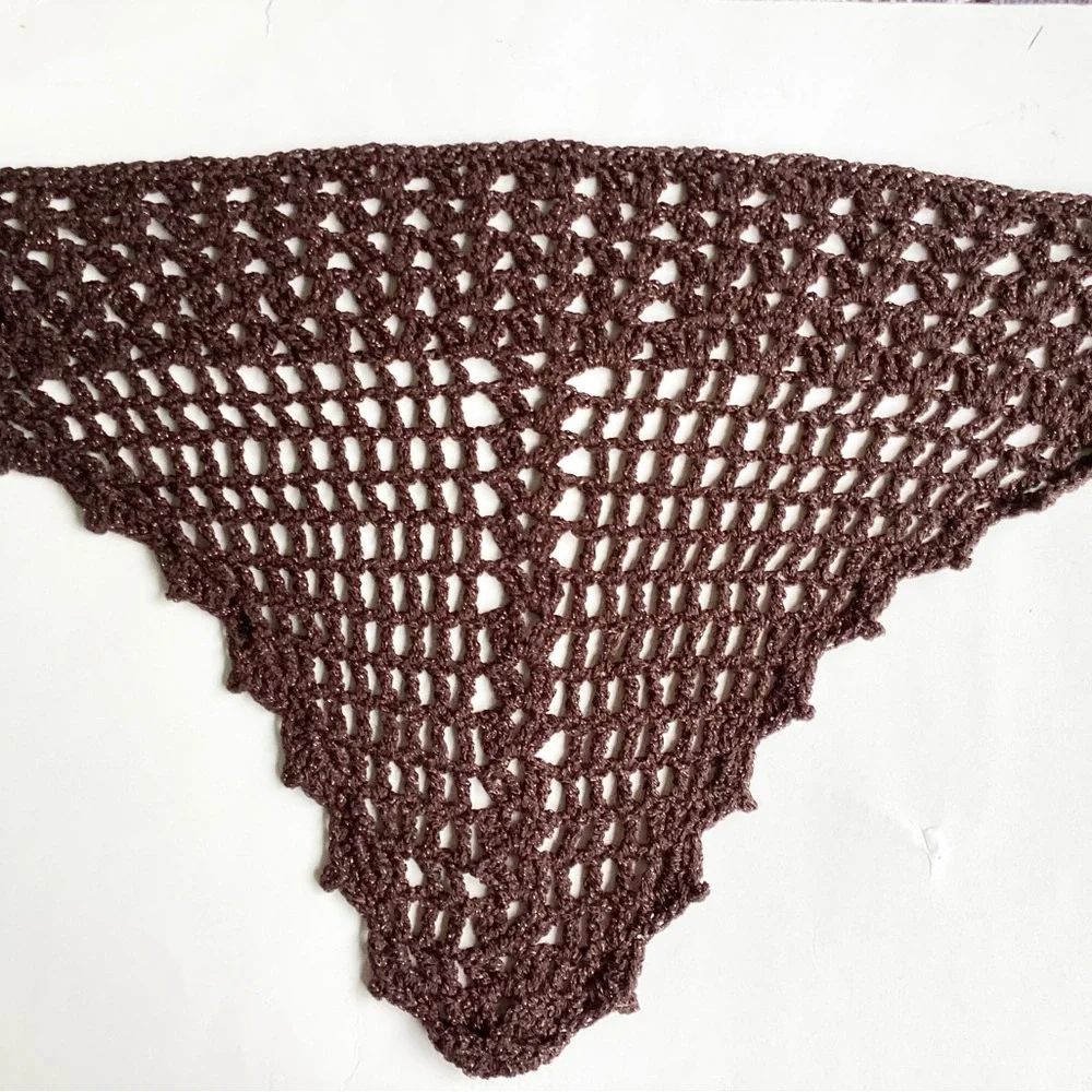 Scarf Triangle Cowl Shawl Hand Crafted Brown Gold Glitter Crochet Overlay